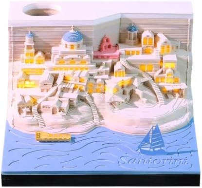3D Memo Pad with Light,Tear Away 3D Note Pad Non-Sticky Sticky Notes,Creative 3D Art Paper Sculpture Santorini Notepad with Pen Holder Silhouette DIY Decor Gift by SIWEME