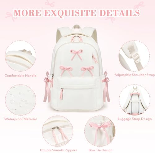 Backpack for Girls with Bento Box - 4PCS Bow Girls Backpack with Lunch Box, Pencil Case & Bento Box Set - 43oz Leakproof Lunch Box Kids Snack Containers Back to School Supplies (Beige Pink) - Image 4