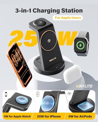 3 in 1 Fast Charging Station for iPhone, 25W Wireless Magnetic Phone Charger for iPhone 17 16e 16 15 14 13 12 Serise, Watch Charger Stand, Wireless Charging Station for AirPods 4 3 Pro, Dark Black - Image 3