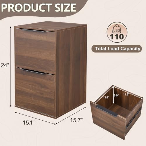 2 Drawer File Cabinets, Wood File Cabinet with Hanging Bar for Letter Size, Modern Farmhouse Under Desk Drawer, Printer Stand Small Filing Cabinets for Home Office, Dark Walnut - Image 3