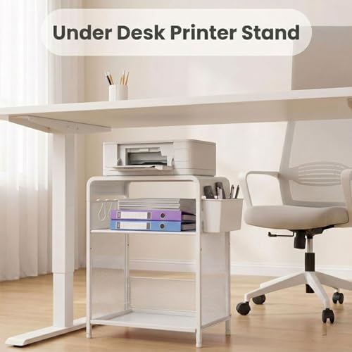 ECOLOVI Small 3 Tier Printer Stand for Under Desk, Height Adjustable Shelf Printer Table with 3 S-Hooks & Basket, Heavy Duty Industrial Storage Shelf for Home Office (White) - Image 4