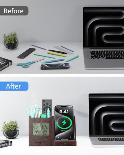 Pen Holder for Desk, Desk Organizer with Wireless Charger, Built in Digital Indoor Thermometer and Humidity Monitor, Multi-Functional Pencil Organizer for Home Office Supplies, Brown - Image 6