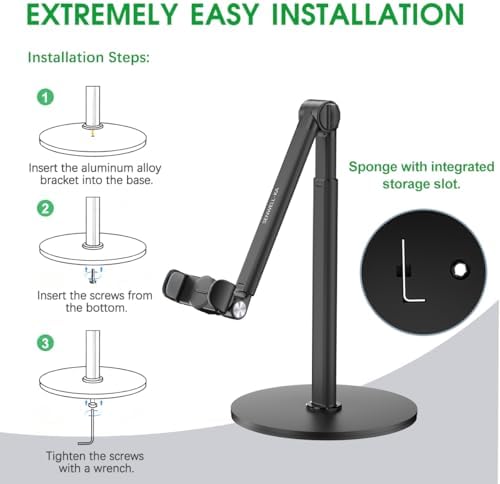 Overhead Phone Stand for Desk, 2-Section Telescoping Tripod - Image 6