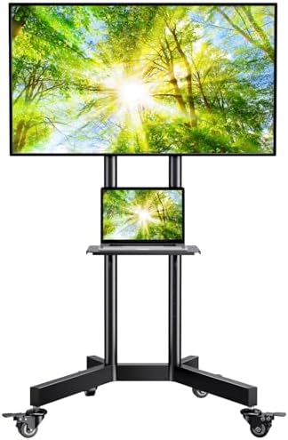 PERLESMITH Rolling TV Stand with Lockable Wheels for 32-86 Inch TVs Holds up to 132 Lbs, Height Adjustable Mobile TV Stand on Wheels with Laptop Shelf, Rolling Tv Cart Max VESA 600x400mm PSTVMC01 by PERLESMITH