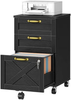 HOOBRO 3 Drawer File Cabinet with Lock, Mobile Farmhouse Filing Cabinet for A4/Letter Size, Under Desk Rolling Office Cabinet, Printer Stand with Storage for Home Office, Black BK67WJ01 by HOOBRO