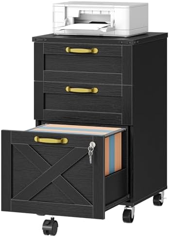 HOOBRO 3 Drawer File Cabinet with Lock, Mobile Farmhouse Filing Cabinet for A4/Letter Size, Under Desk Rolling Office Cabinet, Printer Stand with Storage for Home Office, Black BK67WJ01 by HOOBRO