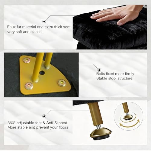 Small Foot Stool with Storage & Gold Metal Legs, Small Ottoman Foot Rest Under Desk for Couch, Chair, Black Furry with High-Density Resilient Sponge - Image 6