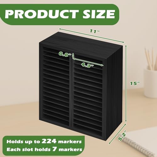 PROLEE Marker Organizer for 224 Markers, Wooden Alcohol Marker Holder with 32 Compartments, Horizontal Art Pen and Pencil Storage Rack for Desk, Classroom and Studio, Black - Image 3