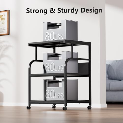 VECELO Adjustable Large Printer Stand with Power Outlet, 3-Tier Heavy Duty Cart on Lockable Wheels, Office Storage Table for Home Office, 3D Printer, Fax Machine, Scanner, Classic Black - Image 6
