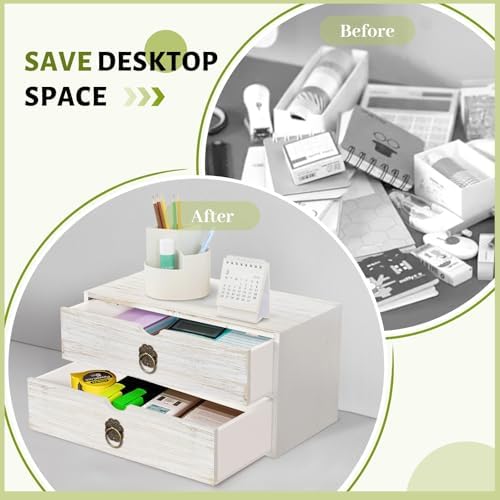 Wood Desk Organizer, White Wooden Desktop Organizer with Drawer, Tabletop Storage Organization Box for Countertop, Home Office Supplies, Bills (2 Drawer) - Image 6