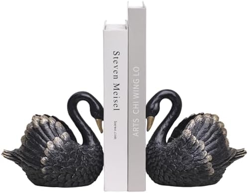 Swan Decorative Bookends,Resin Book Ends for Shelves,Unique Black Book Holders,Heavy Duty Swan Decor for Home Office Desk Bookshelf,Set of 2,Gifts for Anniversary by Kakizzy