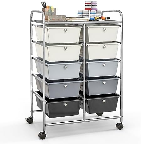 Giantex 10 Drawers Rolling Cart, Classroom Organizers, Storage Cart with Wheels, for Teacher Office Home School Supplies Tool Craft Art Paper, Gray Gradient by Giantex