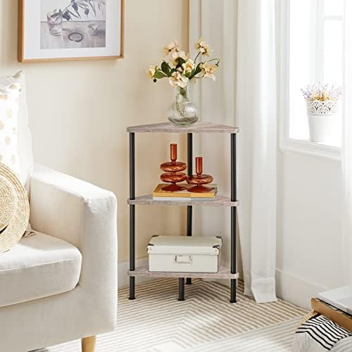 HOOBRO Corner Shelf Stand, Industrial 3-Tier Wall Corner Bookshelf with Metal Frame, Plant Display Shelf, Bookcase for Small Spaces, Living Room, Greige and Black BG30CJ01 - Image 2