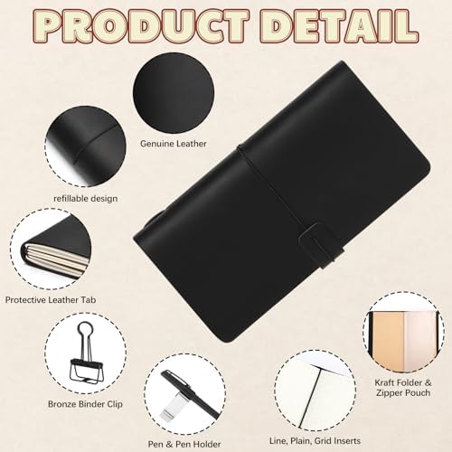 Thenshop Traveling Refillable Leather Journal Notebook, Black, Stand Size - Image 3