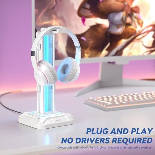 KDD RGB Headset Stand with 9 Light Modes - Controller Holder for Desk - Rotatable Headphone Stand & Detachable Controller Hook for PC Earphone Accessories(White) - Image 3