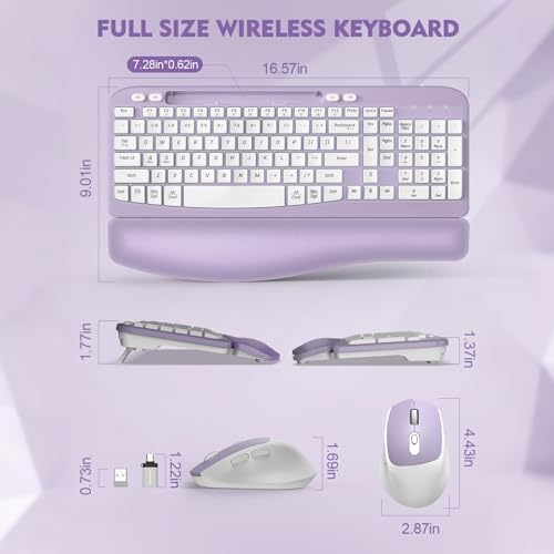 Wireless Keyboard and Mouse Combo, Full-Sized Ergonomic Wave Keys Keyboard with Memory Foam Wrist Rest & Phone Holder, 2.4G Quiet Keyboard Mouse Work Setup for PC Laptop, Office or Home (Purple) - Image 3