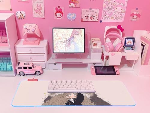 JMIYAV Pink RGB Gaming Mouse Pad 31.5x12 Inch PC XL Large Extended Glowing Led Light Up Desk Pad Non-Slip Rubber Base Computer Cute Mousepad Mat Desk Accessories Gaming Setup Fuzzy Shelter - Image 6