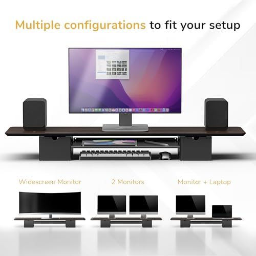 Mount-It! Extra Wide 39" Dual Monitor Stand Riser with 2 Drawers, Holds 66 lbs, Real Wood Platform, Built-In Device Slot, Removable Shelf, Home Office Desk Organizer - Image 4