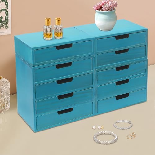 4-Piece Wooden Stackable Drawer Cabinet Set - Desktop Storage Organizer with 10 Drawers, Sturdy Design for Home/Office, No Assembly, Space-Saving, Durable (Blue) - Image 2
