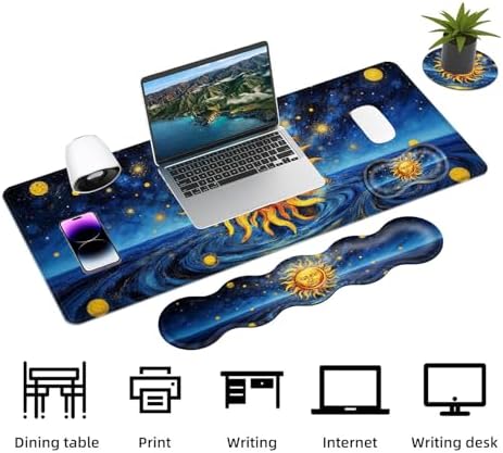 Keyboard Mouse Pad Set, Extended Gaming Mouse Pad+Ergonomics Keyboard Wrist Rest Support, Memory Foam, Easy Typing Pain Relief, 4Pcs XL Ultra Thick Desk Mat,Sun Face Painting - Image 3