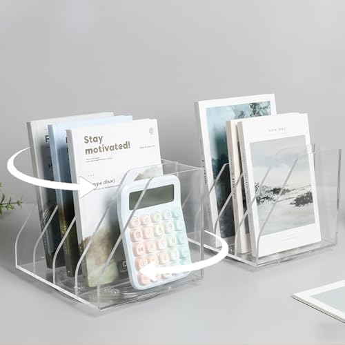 2 Pcs Acrylic File Organizer with 4 Vertical Compartments, 360° Rotating Vertical Desk Organizer for Books, Folders, Magazines, Compact Clear Book Stand & Binder Holder for Office Desk Storage by LIYAOLI