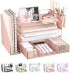 WALI Desk File Organizer, 4 Tier Desktop Paper Letter Tray Organizer with Drawer and 2 Pen Holders, Office Desk Accessories & Workspace Organizers for Office, Home, School Supplies, 1 Pack, Rose Gold by WALI