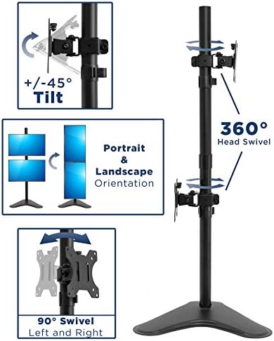 Mount-It! Vertical Dual Monitor Stand, Freestanding Stacked Monitor Mount for 2 Screens 17–32", Height Adjustable, Tilt Swivel Rotate, Portrait or Landscape, Holds 17.6 lbs per Arm, No Desk Clamp Needed - Image 5