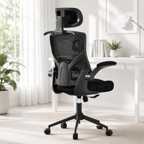 Office Chair for Long Hours & Lower Back Pain Relief – 4" Thick Molded Foam Cushion, Padded Lumbar Support and Flip-up Armrests, Ideal for Office or Study (Modern, Black-HR) by QLTPLUS