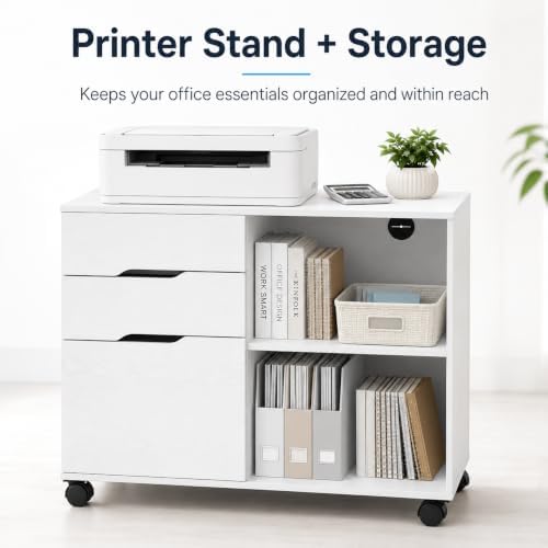 Simple Deluxe 3 Drawer Rolling File Cabinet, Wood Printer Stand with Adjustable Shelf for Home Office Study Organizatiom, White - Image 3
