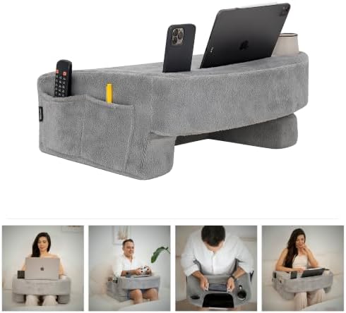 Reading Pillow for Gaming – Extra Large Lap Desk & Arm Rest with Cup & Phone Holder, Adjustable Heights, Laptop Support, Large Pockets – Comfortable for Work, Gaming & Crocheting (Furry Grey) - Image 6