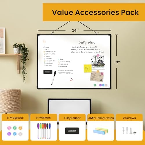 Dry Erase Board for Wall, 24" x 18" Double-Sided Hanging Magnetic Whiteboard with 6 Markers, 6 Magnets and 3 Mini Sticky Notes, Presentation Board for School, Home, Office, Black Frame - Image 3