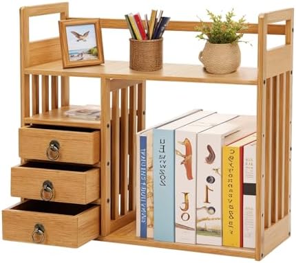 Bamboo Desktop Bookshelf, Desktop Bookshelf Organizer with 3 Drawers Desk Shelf Desktop Hutch Desk Bookshelf Desk Organizer Shelf Cute Small Desk Display Cubby Top for Home Office Bedroom by Unknown