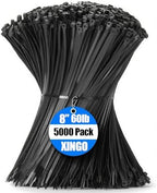 XINGO 5000 PCS Black Zip Ties 8 Inch, 60 LBS Tensile Strength, Self-Locking Nylon Plastic Nylon PA66 Wire Ties for Indoor and Outdoor Use by XINGO