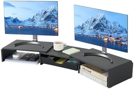 LEKETREE Dual Monitor Stand Riser with Drawer, Computer Stand for Desk, Workspace Desktop Stand, Desk Organizer for Computer, Laptop, TV and More (Black) by Stylishworkspaceeffortlessorganization