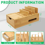 Bamboo Charging Station Organizer with Drawer & Tray, 5-Port USB Charger & 6 Cables, Magnetic Multi-Device Dock for Phones, Tablets, Smartwatches, Kindle, Home & Office - Image 4