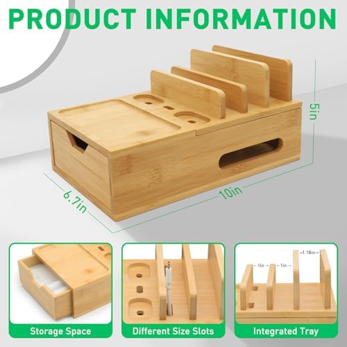 Bamboo Charging Station Organizer with Drawer & Tray, 5-Port USB Charger & 6 Cables, Magnetic Multi-Device Dock for Phones, Tablets, Smartwatches, Kindle, Home & Office - Image 4