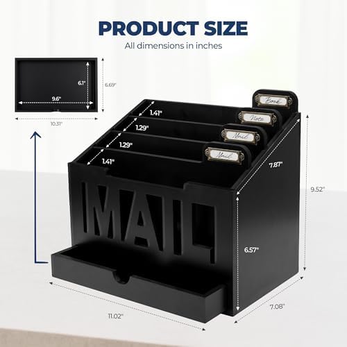 Mail Organizer Countertop, Desktop Mail Sorter with Drawer & Label Tags, BK - Image 3