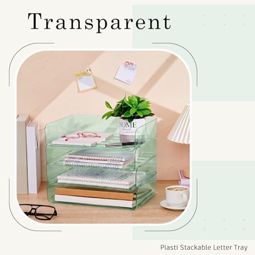 Harloon 4 Tier Clear Sage Green Acrylic Paper Organizer Letter Tray, Aesthetic Stackable Desk File Organizer Paper Holder Office Tray for A4, Modern Office Classroom Home File Pad Books Notes - Image 5