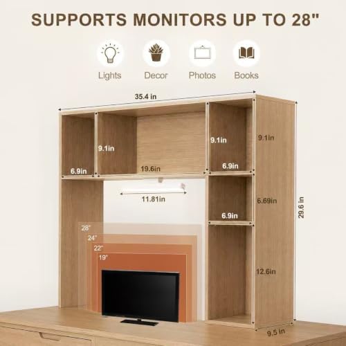 3 Tier Desktop Bookshelf with Rechargeable Eye-Friendly LED Desk Light, Desk Hutch Organizer with 5 Shelves, Wooden Desk Bookshelf for Office, Dorm and Small Space, Burlywood - Image 2