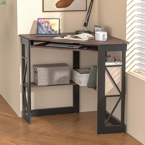 VECELO Corner Computer Desk 41 x 30 inches with Smooth Keyboard & Storage Shelves for Home Office Workstation,Rustic Brown - Image 6