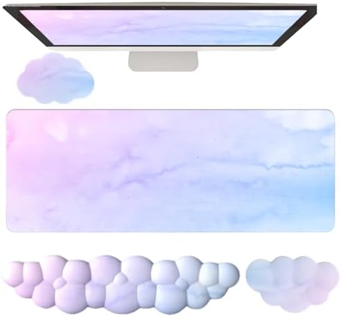 Cloud Mouse Pad and Keyboard Wrist Rest 4PCS Extended Large Desk Mat Pad Set Memory Foam Non-Slip Ergonomic Gaming Mouse Pad Wrist Support for Computer Laptop Home Office Cute Pink Blue Sky by WFCYGL
