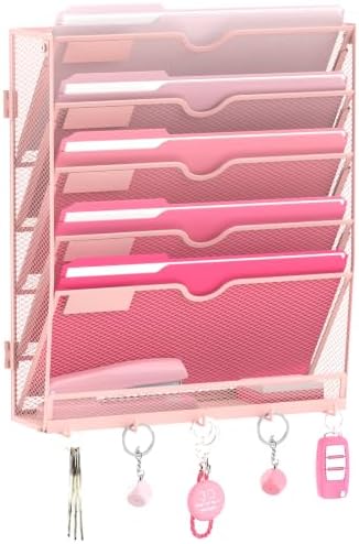 6 Tier Wall File Organizer - Hanging File Organizer with 5 Hooks, Mail Holder Wall Mounted for Papers, Folders, Magazines, Bills, Office&School Organization, Pink by JMHUD