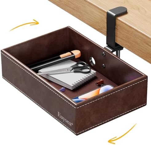 Under Desk Drawer, Clamp on Desk Organizer Hanging Desk Storage PU Leather by OfficeProducts
