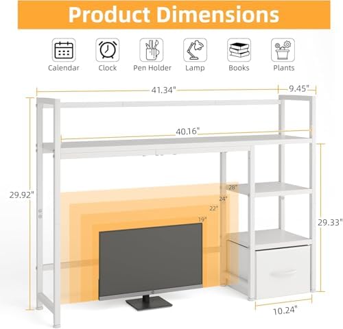 Desk Shelf with Drawer, 41.3" Desktop Organizer Shelf, Desk Hutch for Computer Monitor Max 32", 3 Tier Desktop Display Rack, Wooden Desk Top Bookshelf Storage Rack for Home Office Dorm, White - Image 3