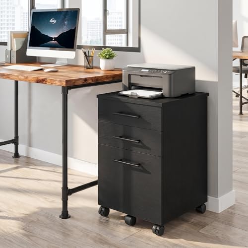 HOOBRO 3-Drawer File Cabinet, Wooden Under Desk Filing Cabinet, fits A4/Letter Size for Home Office, Small Rolling Storage Drawer Chest, Printer Stand with Drawers, Black BK02WJ01G1 - Image 2