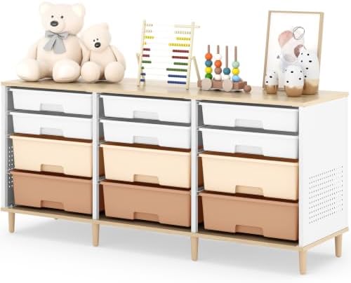 TOOLF 12 Drawers Storage Cabinet with Wooden Top and Plastic Bins,Brown by TOOLF