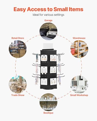VEVOR Rotating Pegboard Display Stand, 7.4 x 7.4 x 17 in 4-Sided Spinning Peg Board Display with 24 Hooks, Thickened Cold-Rolled Steel Craft Rack Organizer for Grocery Retail Store Jewelry Shop, Black - Image 6