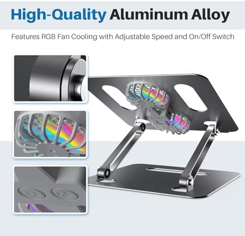 YICOSUN Adjustable Laptop Cooling Stand with 2 Quiet Fans & RGB Lighting, Aluminum Alloy & Foldable Ergonomic Design for MacBook, Lenovo, ASUS, Dell 10-16 Inch, Perfect for Gaming, DJ, Office - Gray - Image 4