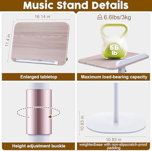 2 in 1 Dual-use Music Stand & Desktop Book Stand, Adjustable Height 16.5"-51", 100% Solid Wood Laptop Floor Stand Book Holder with Elastic Page Clips for Cookbooks (White) - Image 4