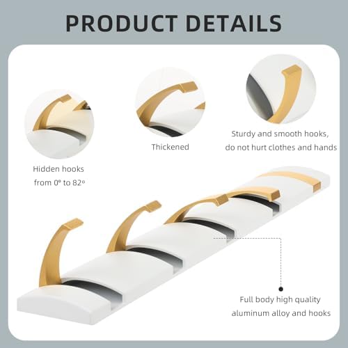 2 Pack Foldable Stylish Modern Hook Rack with 5 Hooks, Coat Hooks Wall Mount, Metal Coat Hook Rail for Coat Hat Towel Purse Robes Mudroom Bathroom Entryway (White and Gold) - Image 5
